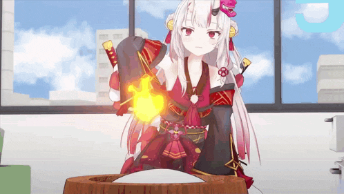 a girl in a kimono is holding a sword and a fireball in her hand .