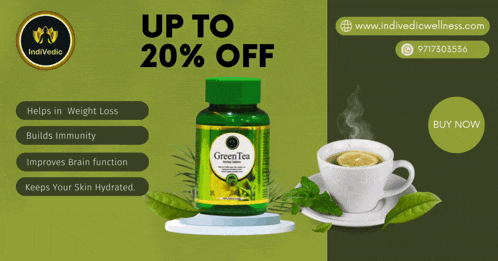 a green bottle of green tea with a cup of tea on a saucer