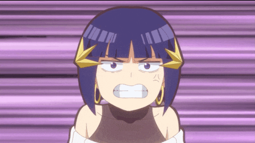 a cartoon girl with purple hair and gold earrings is making a funny face