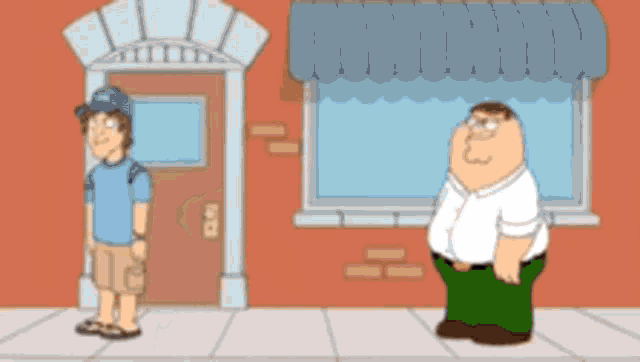 peter griffin and a boy are standing on a sidewalk in front of a building