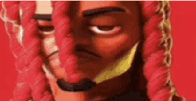a close up of a cartoon character with red hair and a mustache on a red background .