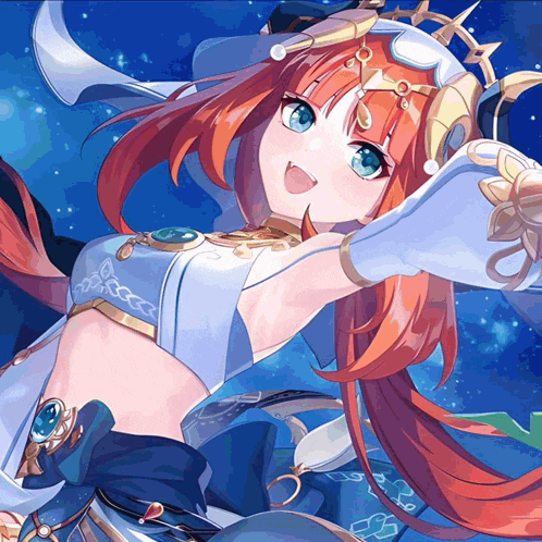 a girl with red hair and blue eyes is wearing a white top and gloves