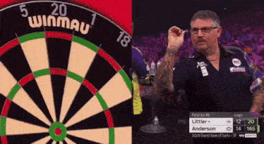 a man is holding a dart in front of a winmau target