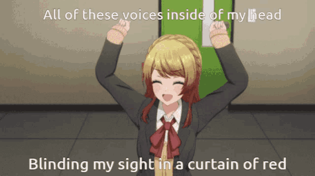 a picture of a girl with her arms in the air with the caption all of these voices inside of my head
