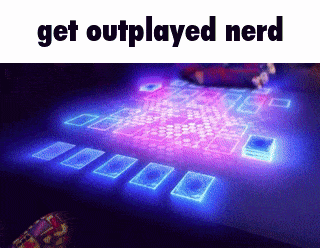 a picture of playing cards with the words get outplayed nerd below it