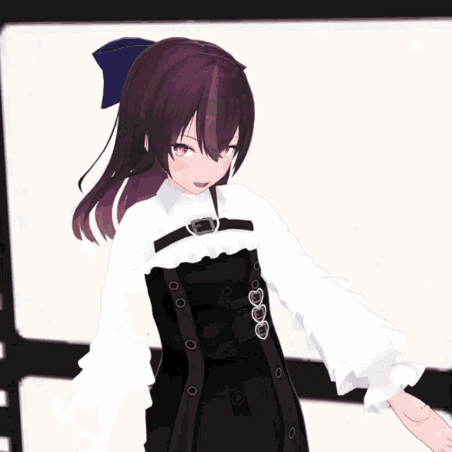 a girl with purple hair is wearing a black dress and white sleeves