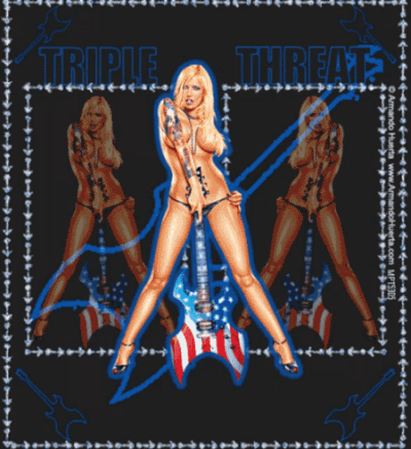 a picture of a woman holding a guitar with the words triple threat on the bottom right