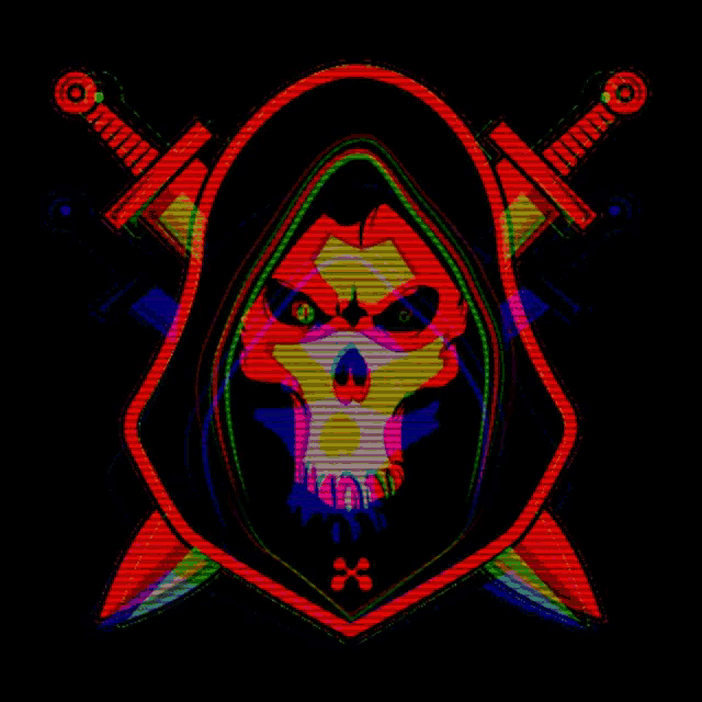 a skull in a hood with two crossed swords in front of it