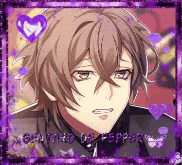 a picture of gentaro de pepper is surrounded by purple hearts