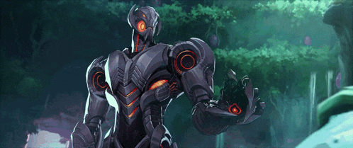 a robot with red eyes is standing in the woods