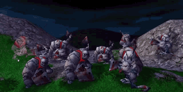 a bunch of zombies are gathered in a field and one of them has a skull on it