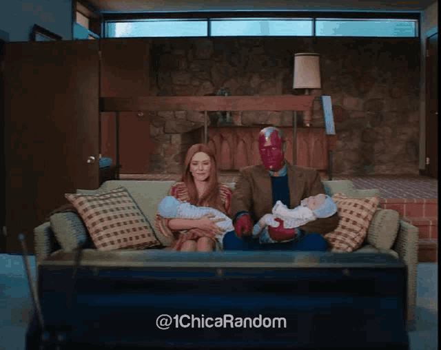 a man and woman sitting on a couch holding two babies with the words @ 1chica random behind them