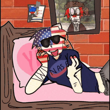 a drawing of a person wearing a nasa shirt laying on a bed