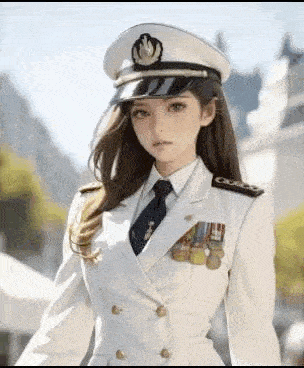 a girl in a military uniform and hat is standing in front of a building .