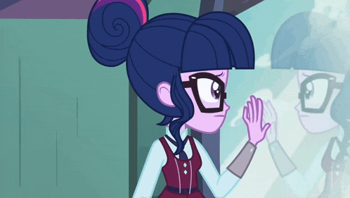 twilight sparkle from my little pony equestria girls looking at her reflection in a mirror