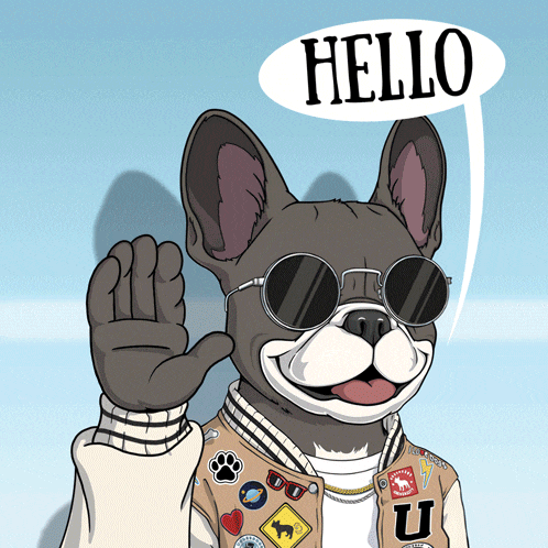 a cartoon dog wearing sunglasses and a jacket that says u on it
