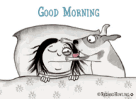 a cartoon of a dog kissing a woman 's forehead with the words good morning written above it .