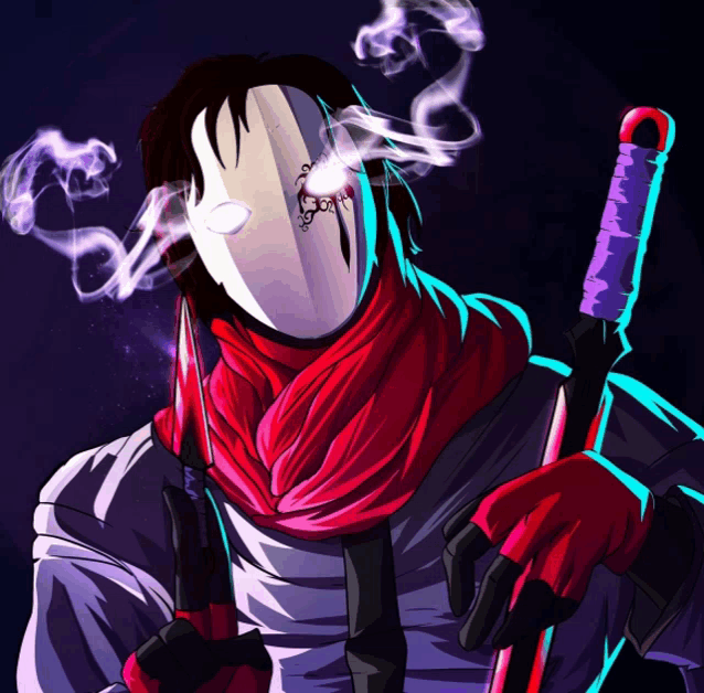 a drawing of a person holding a sword and wearing a mask