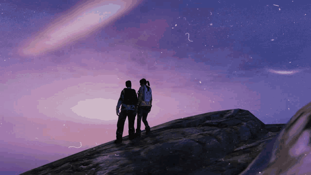 a man and a woman standing on top of a mountain looking at a purple sky