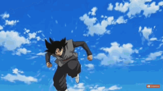 a cartoon character is running in a blue sky with a subscribe button below him