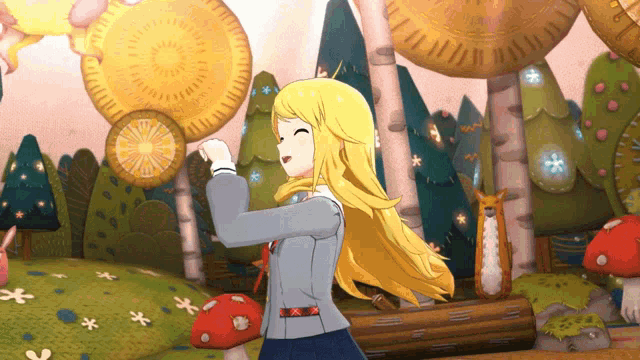 a girl with blonde hair is dancing in a forest