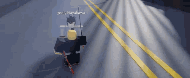 a roblox character is standing on the side of a road holding a sword and shield .