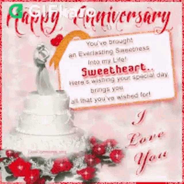 a happy anniversary card with a bride and groom on top of a wedding cake
