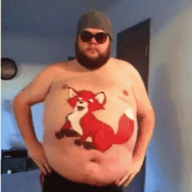 a shirtless man with a cartoon fox painted on his belly