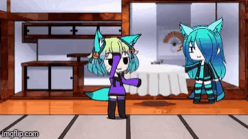 two anime characters are standing next to each other in a room with imgflip.com at the bottom of the screen