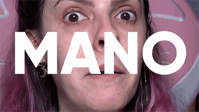 a close up of a woman 's face with the word mano written above it