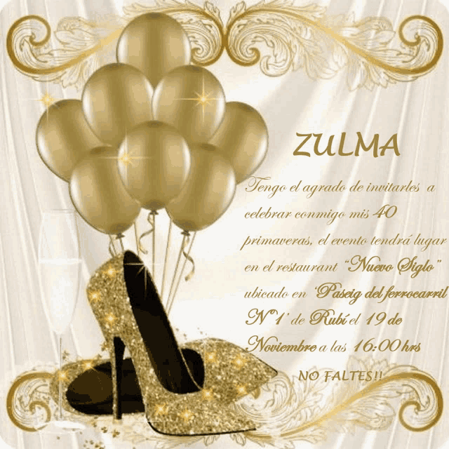an invitation for a 40th birthday with balloons and a high heel