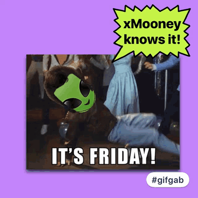a purple background with a picture of an alien and the words it 's friday on it