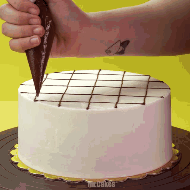a person decorating a cake with mr. cakes written in the corner