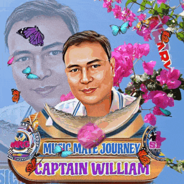 a picture of captain william with flowers and butterflies around him