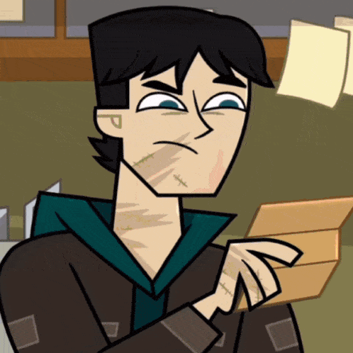 a cartoon character with stitches on his face holds a piece of paper with the letter p on it