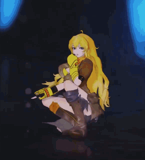 a girl with yellow hair is wearing a pair of yellow gloves