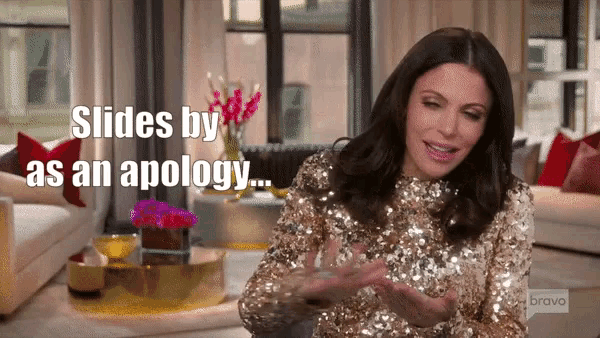 a woman in a gold sequined top says slides by as an apology