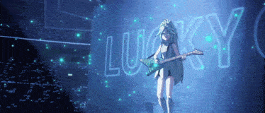 a girl playing a guitar with the word lucky behind her