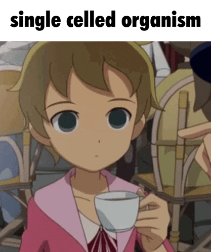 a picture of a girl holding a cup of coffee with the caption " single celled organism "