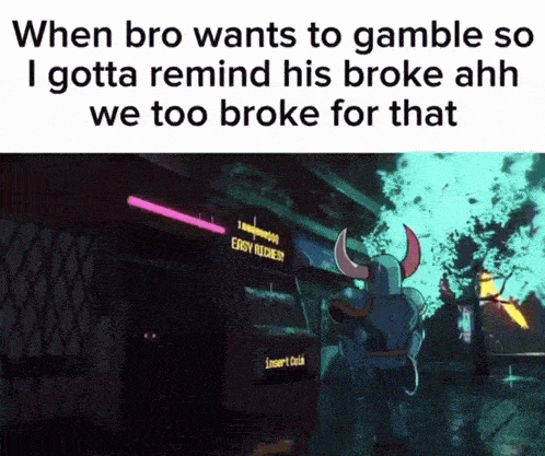 a video game character with horns is standing in front of a building that says insert cash