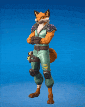 a fox wearing a green jumpsuit with spikes on the shoulders is standing on a blue background