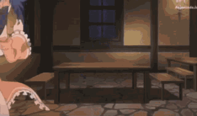 a cartoon girl is standing in a room with tables and benches .