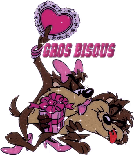 a cartoon of taz and tasmanian devil holding a heart shaped balloon and a gift box