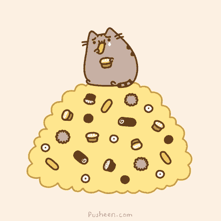 a cartoon of a cat sitting on top of a pile of cookies says pusheen.com