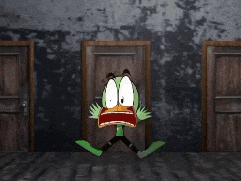 a cartoon character standing in front of a door with his mouth open