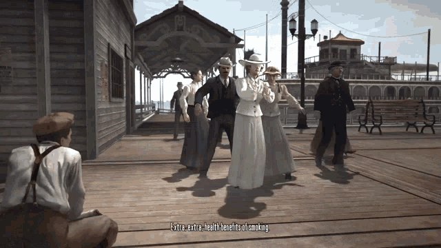 a video game scene where a man says extra extra health benefits of smoking
