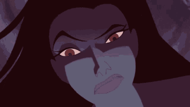 a close up of a cartoon character 's face with a purple background