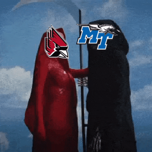 a red cardinal and a black grim reaper are standing next to each other with the letters mt on their shirts