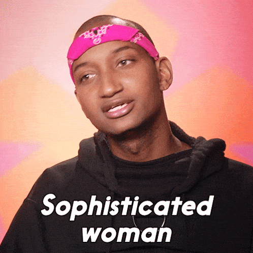 a man with a pink bandana on his head and the words sophisticated woman above him