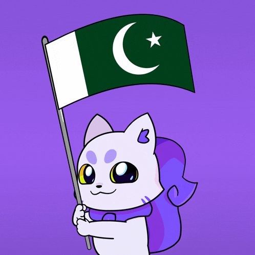 a cartoon drawing of a cat holding a flag with a crescent moon and star on it